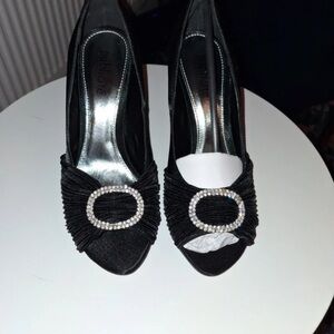 Chic Black Peep-Toe Heels with Rhinestone Buckle